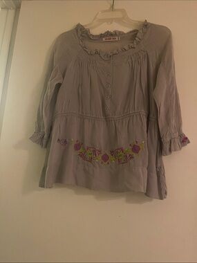 Johnny Was Embroidered Ruffle-Neck Tunic Top in Light Lavender - Size XS